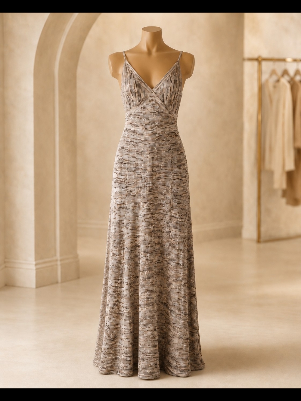 Bebe Taupe Neutral Patterned Spaghetti-Strap Maxi Dress  Size M